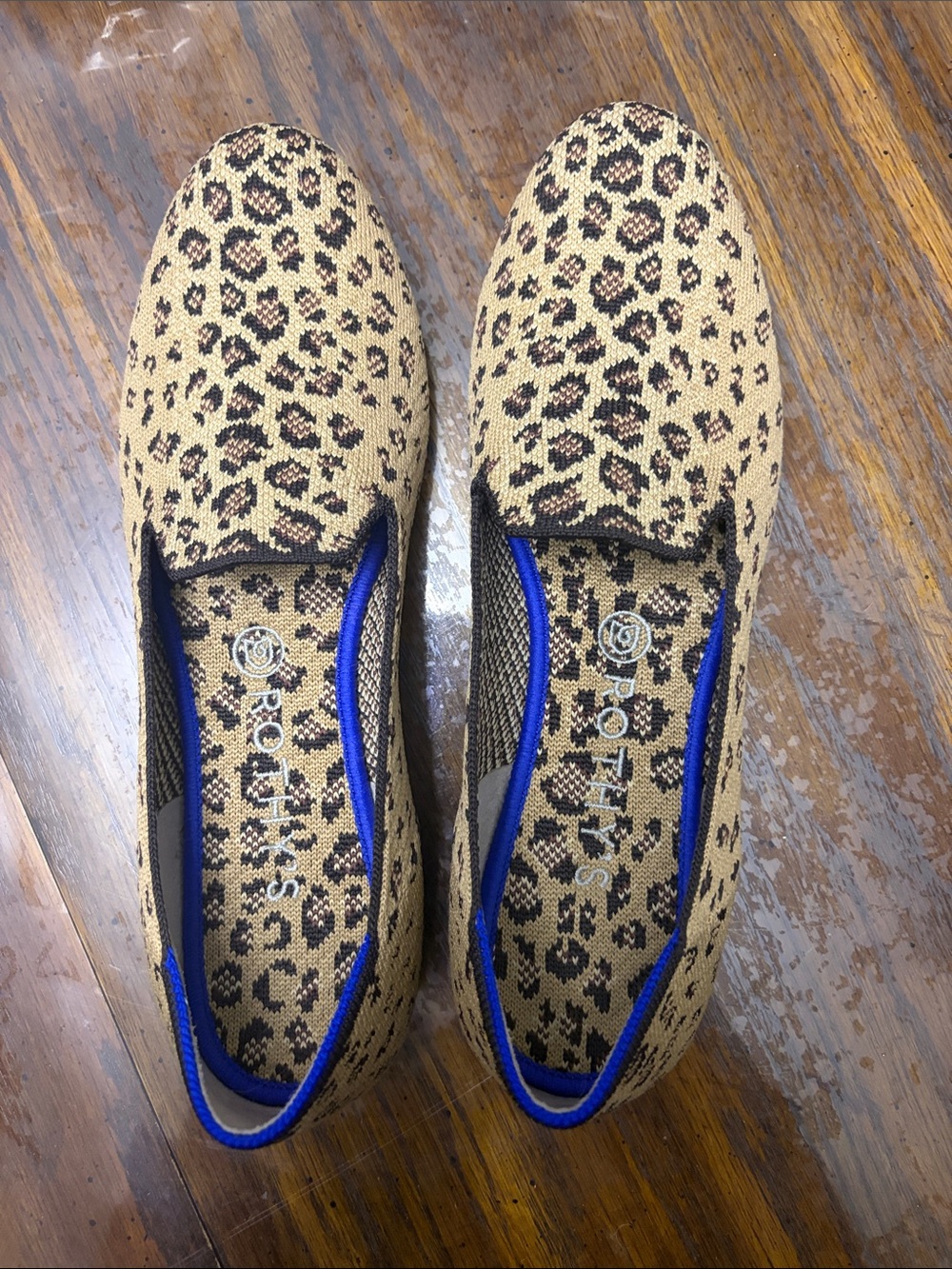 Rothy's Leopard-Print Slip-On Flats in Tan and Black with Blue Trim Sz 10
